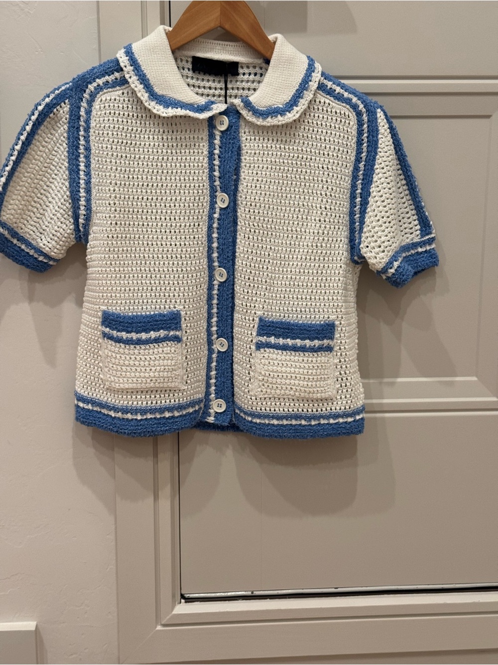 Zara Open-Knit Polo Ecru/Blue NWT